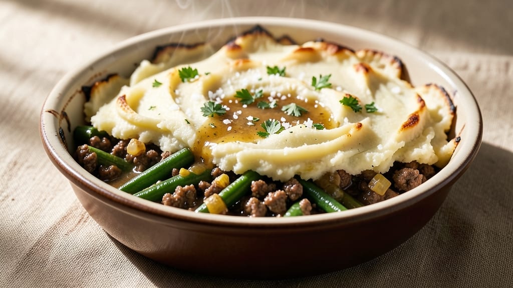 Recipe for Shepherd's Pie with Ground Beef and Green Beans: Mashed Potato Crust Over Savory Beef-Green Bean Filling